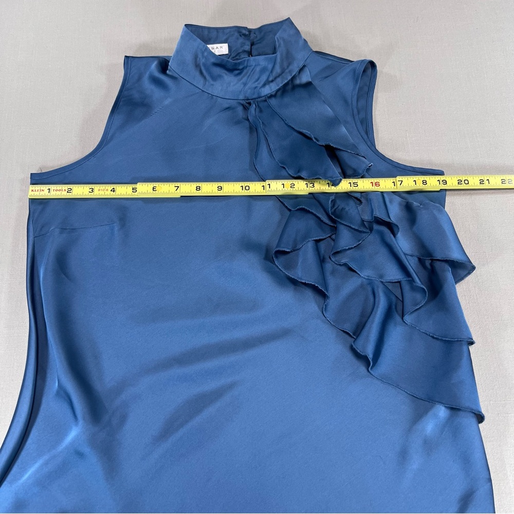 Kenar Women’s M Blue Satin Ruffle Front Sleeveless Top Mock Neck Blouse - Picture 5 of 13